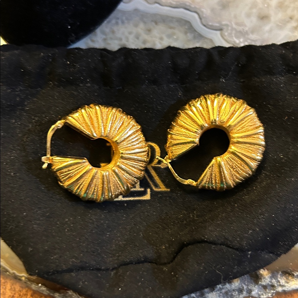 LR Bronze Italy Gold Tone Earrings with black drawstring dust bag, 1 1/4” - Picture 5 of 6